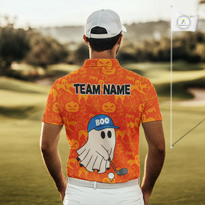 Personalized Funny Halloween Boo Orange Pattern Golf Polo Shirts For Men, Halloween Mens Golf Attire NQS10837
