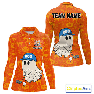 Personalized Funny Halloween Boo Orange Pattern Women Golf Polo Shirts, Halloween ladies Golf Attire NQS10837