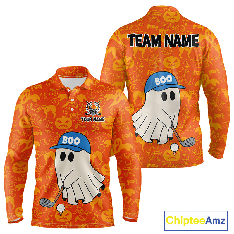 Personalized Funny Halloween Boo Orange Pattern Golf Polo Shirts For Men, Halloween Mens Golf Attire NQS10837