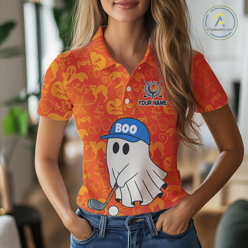 Personalized Funny Halloween Boo Orange Pattern Women Golf Polo Shirts, Halloween ladies Golf Attire NQS10837