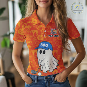 Personalized Funny Halloween Boo Orange Pattern Women Golf Polo Shirts, Halloween ladies Golf Attire NQS10837