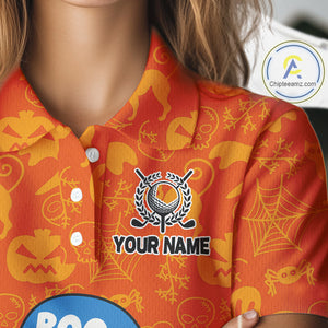 Personalized Funny Halloween Boo Orange Pattern Women Golf Polo Shirts, Halloween ladies Golf Attire NQS10837