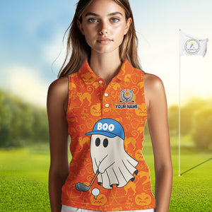 Personalized Funny Halloween Boo Orange Pattern Sleeveless Golf Polo Shirts, Halloween Golf Attire NQS10837