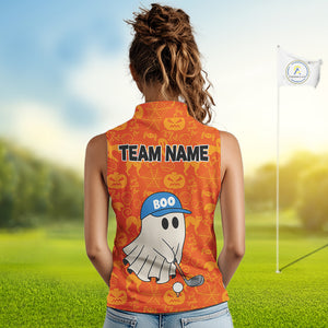 Personalized Funny Halloween Boo Orange Pattern Sleeveless Golf Polo Shirts, Halloween Golf Attire NQS10837