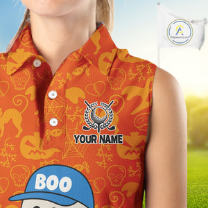 Personalized Funny Halloween Boo Orange Pattern Sleeveless Golf Polo Shirts, Halloween Golf Attire NQS10837