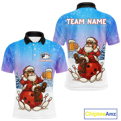 Funny Santa drinking Beer Bowling Shirts For Men Custom Christmas Bowling Team Jersey Gift For Bowler NQS11009