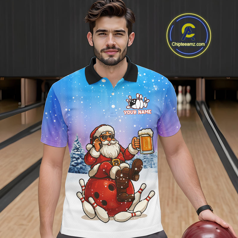 Funny Santa drinking Beer Bowling Shirts For Men Custom Christmas Bowling Team Jersey Gift For Bowler NQS11009