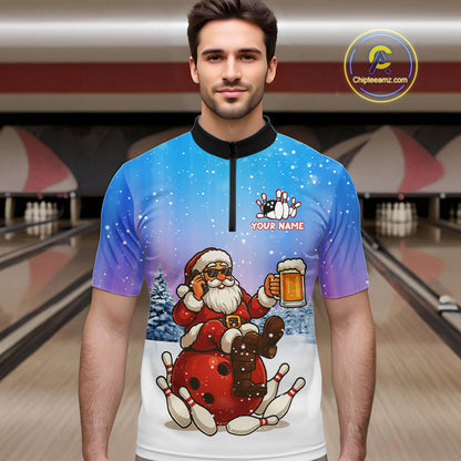 Funny Santa drinking Beer Bowling Shirts For Men Custom Christmas Bowling Team Jersey Gift For Bowler NQS11009