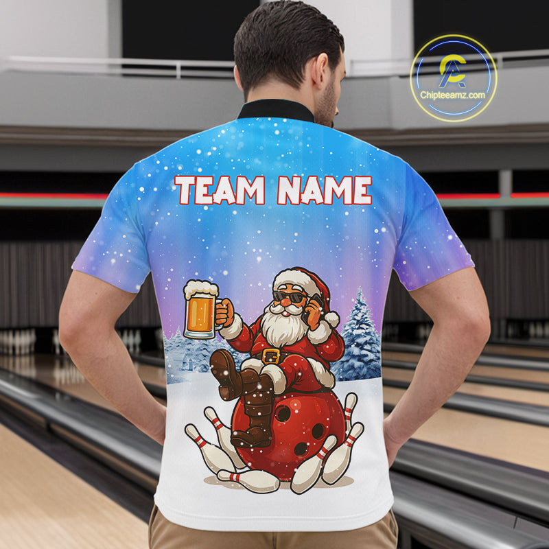Funny Santa drinking Beer Bowling Shirts For Men Custom Christmas Bowling Team Jersey Gift For Bowler NQS11009