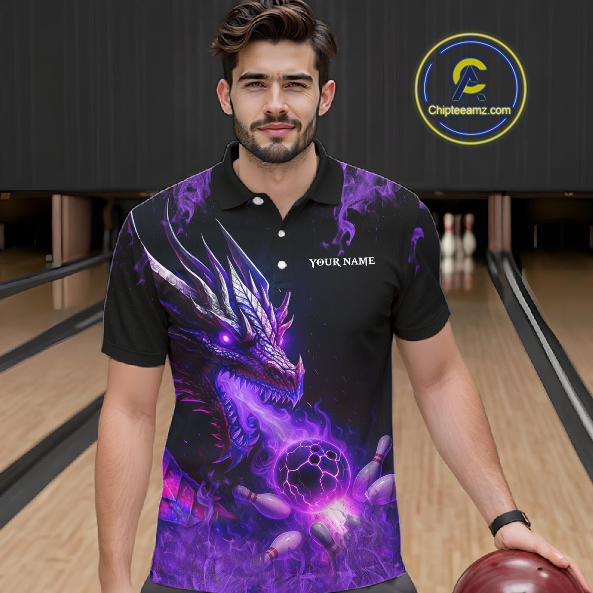 Black and Purple Flame Dragon Bowling Polo, 1/4 Zip Shirts For Men Custom Dragon Bowling Team Jerseys NQS11211