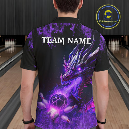 Black and Purple Flame Dragon Bowling Polo, 1/4 Zip Shirts For Men Custom Dragon Bowling Team Jerseys NQS11211