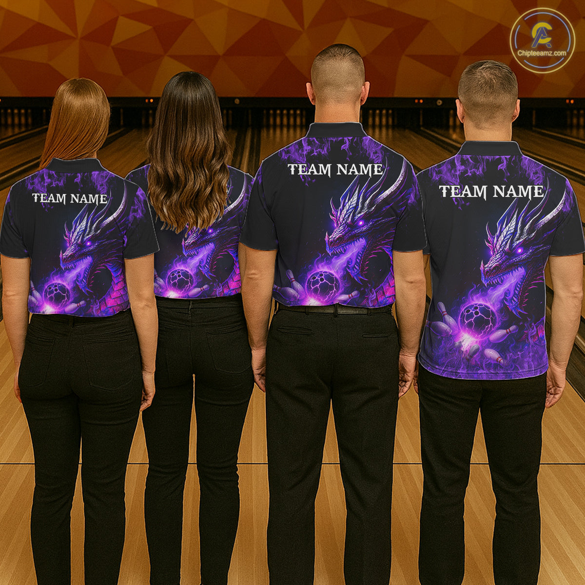 Black and Purple Flame Dragon Bowling Polo, 1/4 Zip Shirts Women Custom Dragon Bowling Team Jerseys NQS11211
