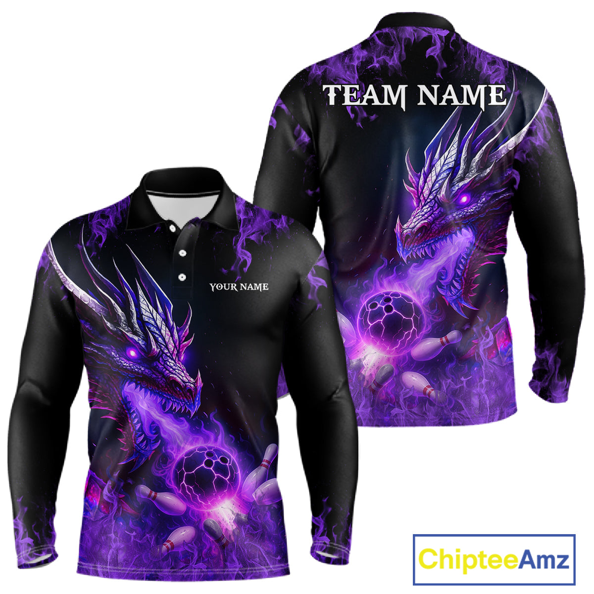 Black and Purple Flame Dragon Bowling Polo, 1/4 Zip Shirts For Men Custom Dragon Bowling Team Jerseys NQS11211