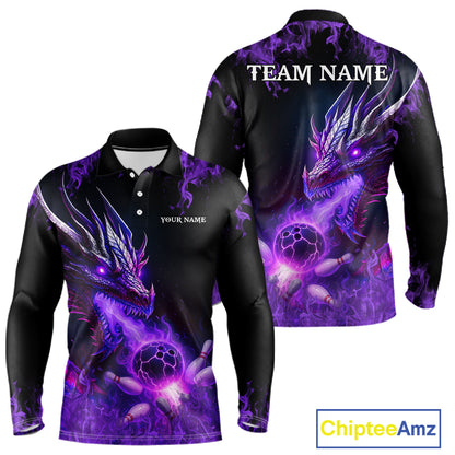Black and Purple Flame Dragon Bowling Polo, 1/4 Zip Shirts For Men Custom Dragon Bowling Team Jerseys NQS11211