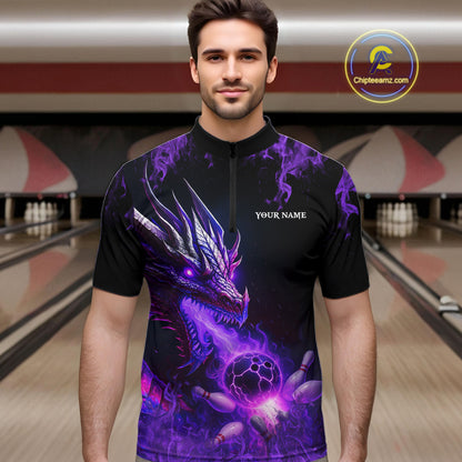 Black and Purple Flame Dragon Bowling Polo, 1/4 Zip Shirts For Men Custom Dragon Bowling Team Jerseys NQS11211