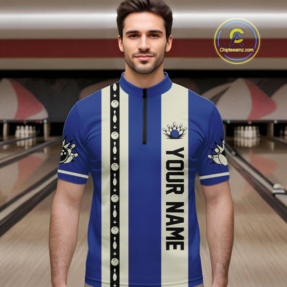 Blue Retro Bowling Polo, Quarter Zip Shirts For Men Custom Vintage Bowling Team Jerseys NQS11212