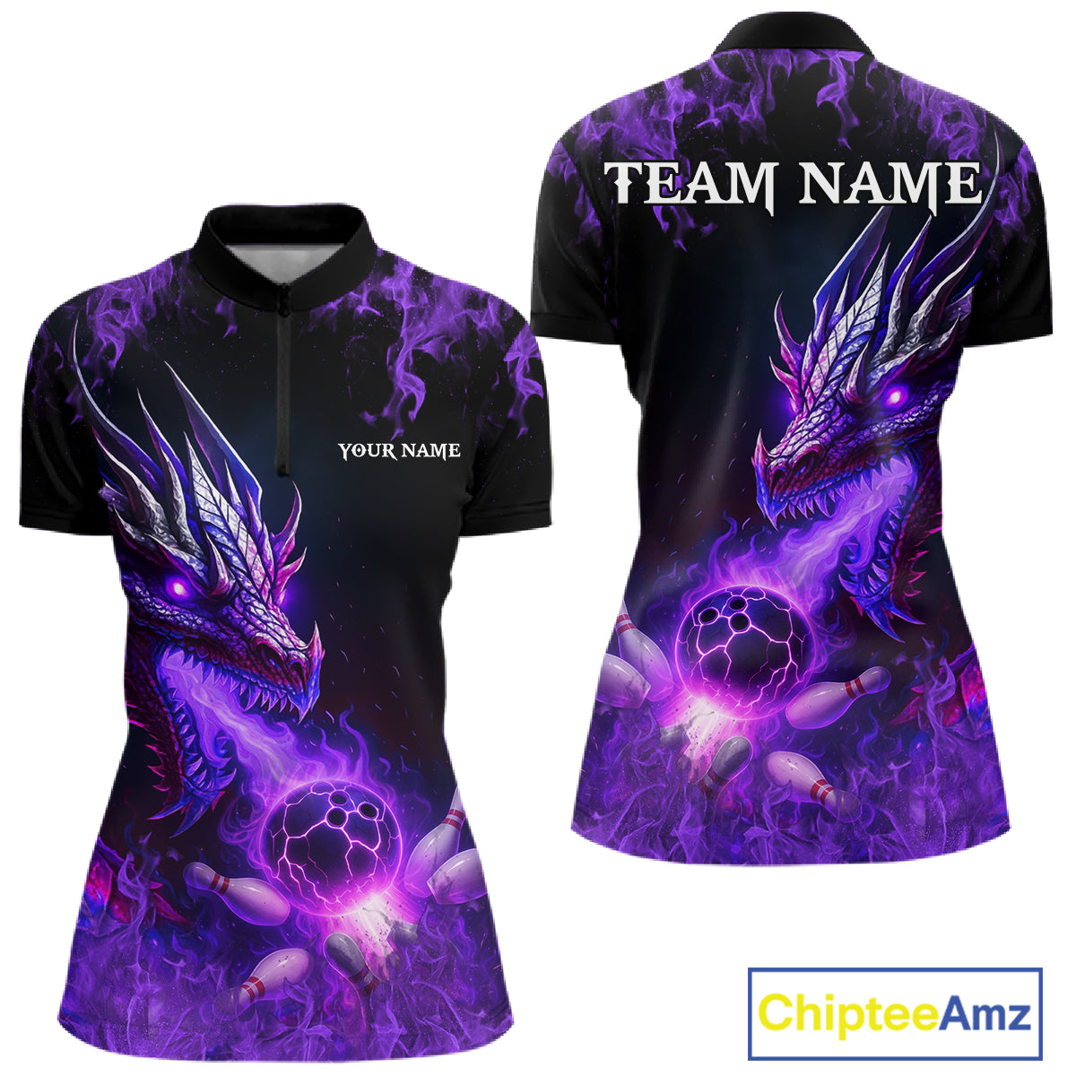 Black and Purple Flame Dragon Bowling Polo, 1/4 Zip Shirts Women Custom Dragon Bowling Team Jerseys NQS11211