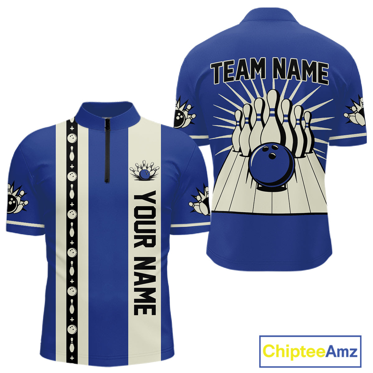 Blue Retro Bowling Polo, Quarter Zip Shirts For Men Custom Vintage Bowling Team Jerseys NQS11212