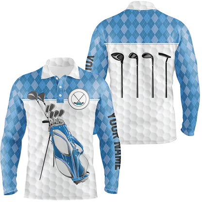 Golf bag clubs custom polo golf shirt for men, blue argyle pattern mens golf tops NQS4652