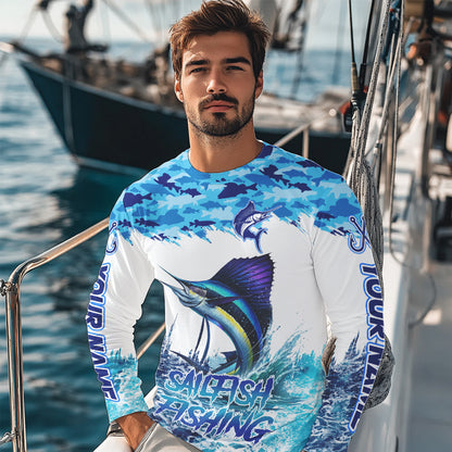 Sailfish fishing Blue sea camo Custom UV protection fishing long sleeve shirt, Sailfish Fishing jersey NQS9342