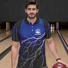 Load image into Gallery viewer, Black and Blue Lightning thunder Bowling Polo, Quarter Zip shirts for Men Custom Bowling Team Jerseys NQS9346