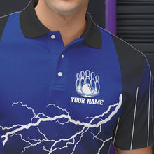 Load image into Gallery viewer, Black and Blue Lightning thunder Bowling Polo, Quarter Zip shirts for Men Custom Bowling Team Jerseys NQS9346