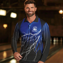 Load image into Gallery viewer, Black and Blue Lightning thunder Bowling Polo, Quarter Zip shirts for Men Custom Bowling Team Jerseys NQS9346