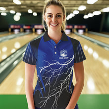 Load image into Gallery viewer, Black and Blue Lightning thunder Bowling Polo, Quarter Zip shirts for Women Custom Bowling Team Jersey NQS9346