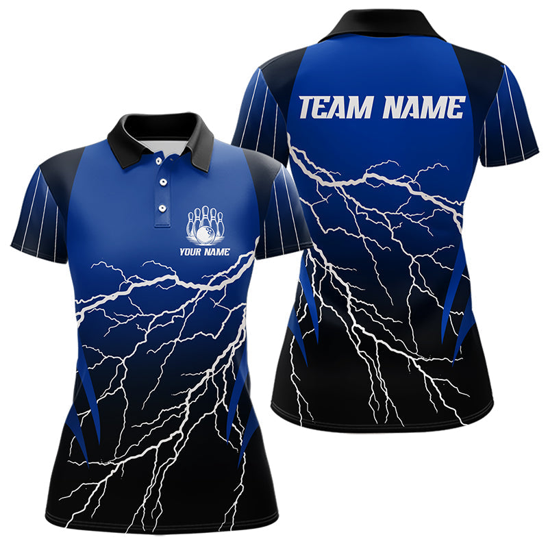 Black and Blue Lightning thunder Bowling Polo, Quarter Zip shirts for Women Custom Bowling Team Jersey NQS9346