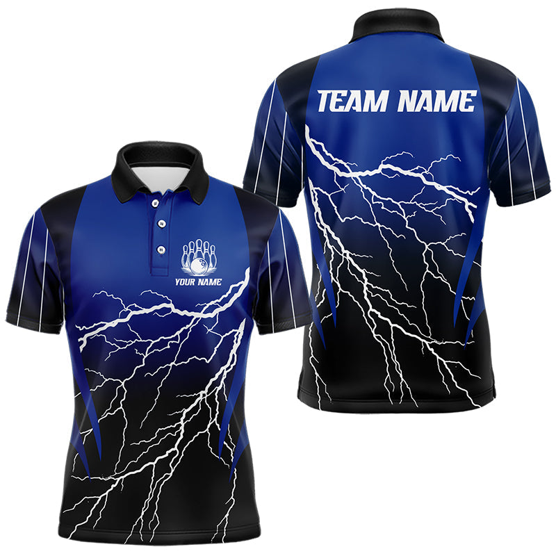 Black and Blue Lightning thunder Bowling Polo, Quarter Zip shirts for Men Custom Bowling Team Jerseys NQS9346