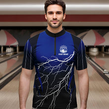 Load image into Gallery viewer, Black and Blue Lightning thunder Bowling Polo, Quarter Zip shirts for Men Custom Bowling Team Jerseys NQS9346