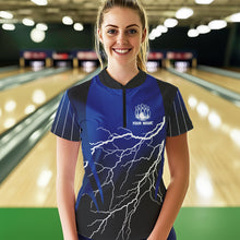 Load image into Gallery viewer, Black and Blue Lightning thunder Bowling Polo, Quarter Zip shirts for Women Custom Bowling Team Jersey NQS9346