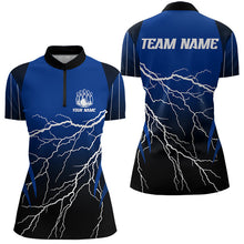 Load image into Gallery viewer, Black and Blue Lightning thunder Bowling Polo, Quarter Zip shirts for Women Custom Bowling Team Jersey NQS9346