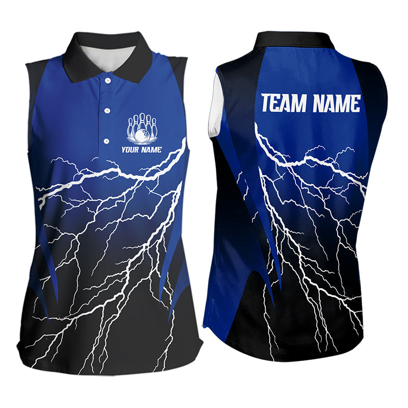 Black and Blue Lightning thunder Bowling Sleeveless Polo shirt Custom Bowling Team Jersey NQS9346