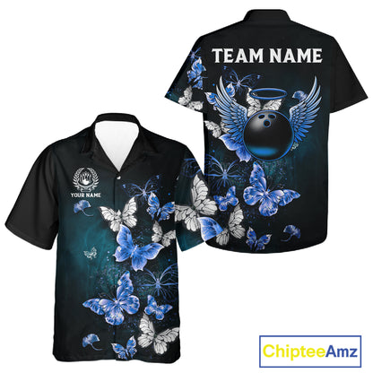 Custom Blue Butterfly Bowling Button-up Shirt, Bowling Team Shirt With Butterflies NQS11612