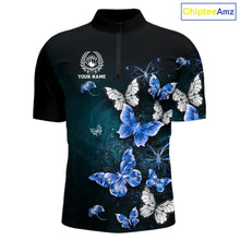 Load image into Gallery viewer, Custom Blue Butterfly Bowling Polo Shirt, 1/4 zip jersey For Men, Bowling Team Shirt With Butterflies NQS11612