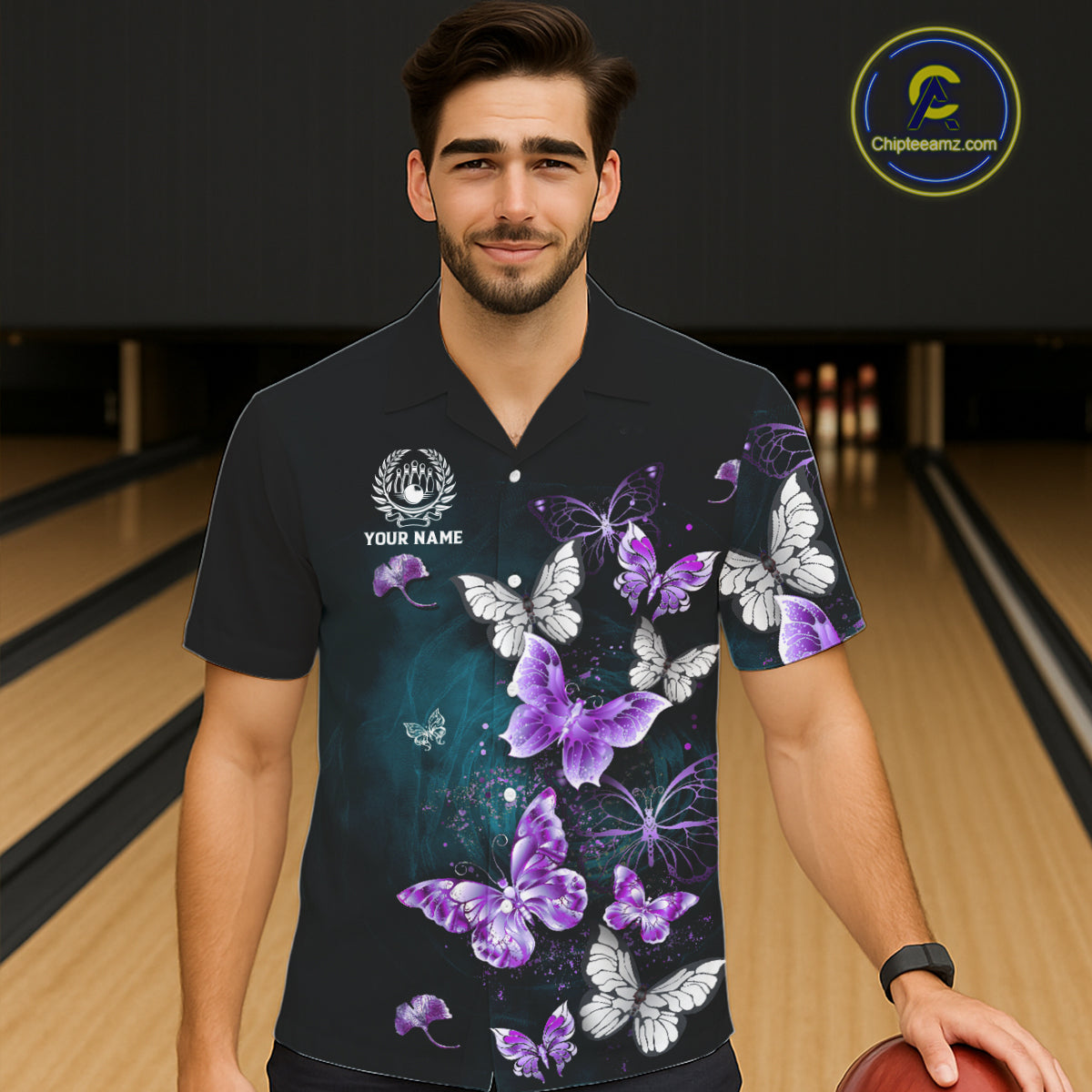 Custom Purple Butterfly Bowling Button-up Shirts, Hawaiian Bowling Team Shirt With Butterflies NQS11613