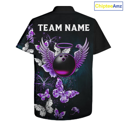 Custom Purple Butterfly Bowling Button-up Shirts, Hawaiian Bowling Team Shirt With Butterflies NQS11613
