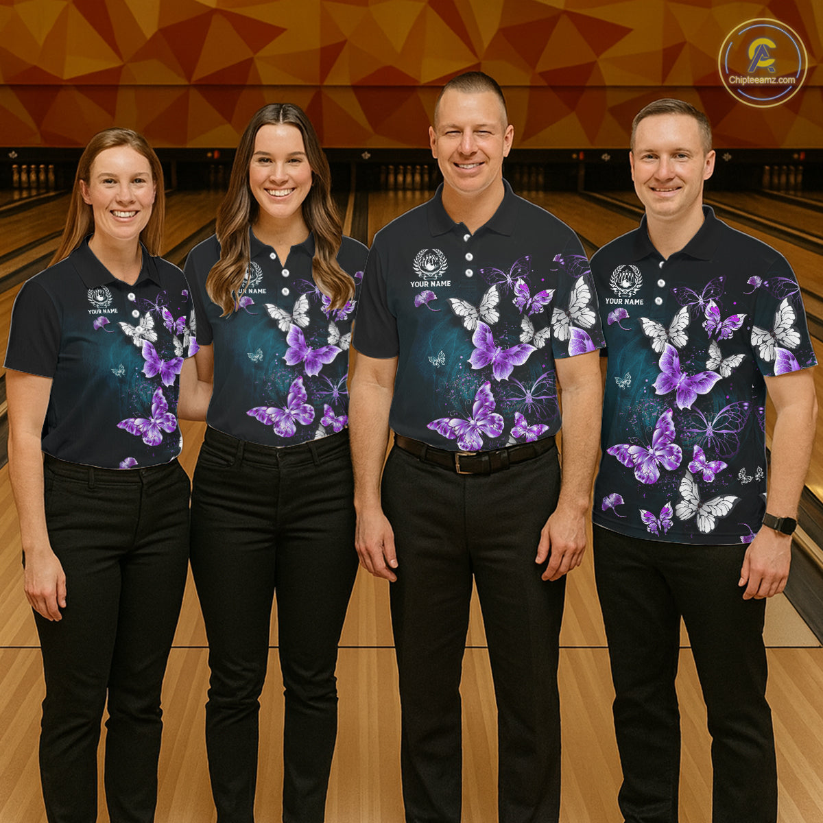Custom Purple Butterfly Bowling Polo, 1/4 zip jerseys For Women, Bowling Team Shirt With Butterflies NQS11613