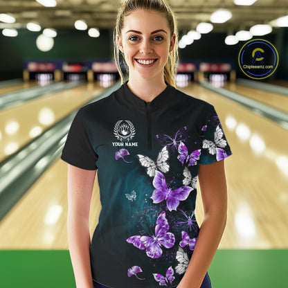 Custom Purple Butterfly Bowling Polo, 1/4 zip jerseys For Women, Bowling Team Shirt With Butterflies NQS11613