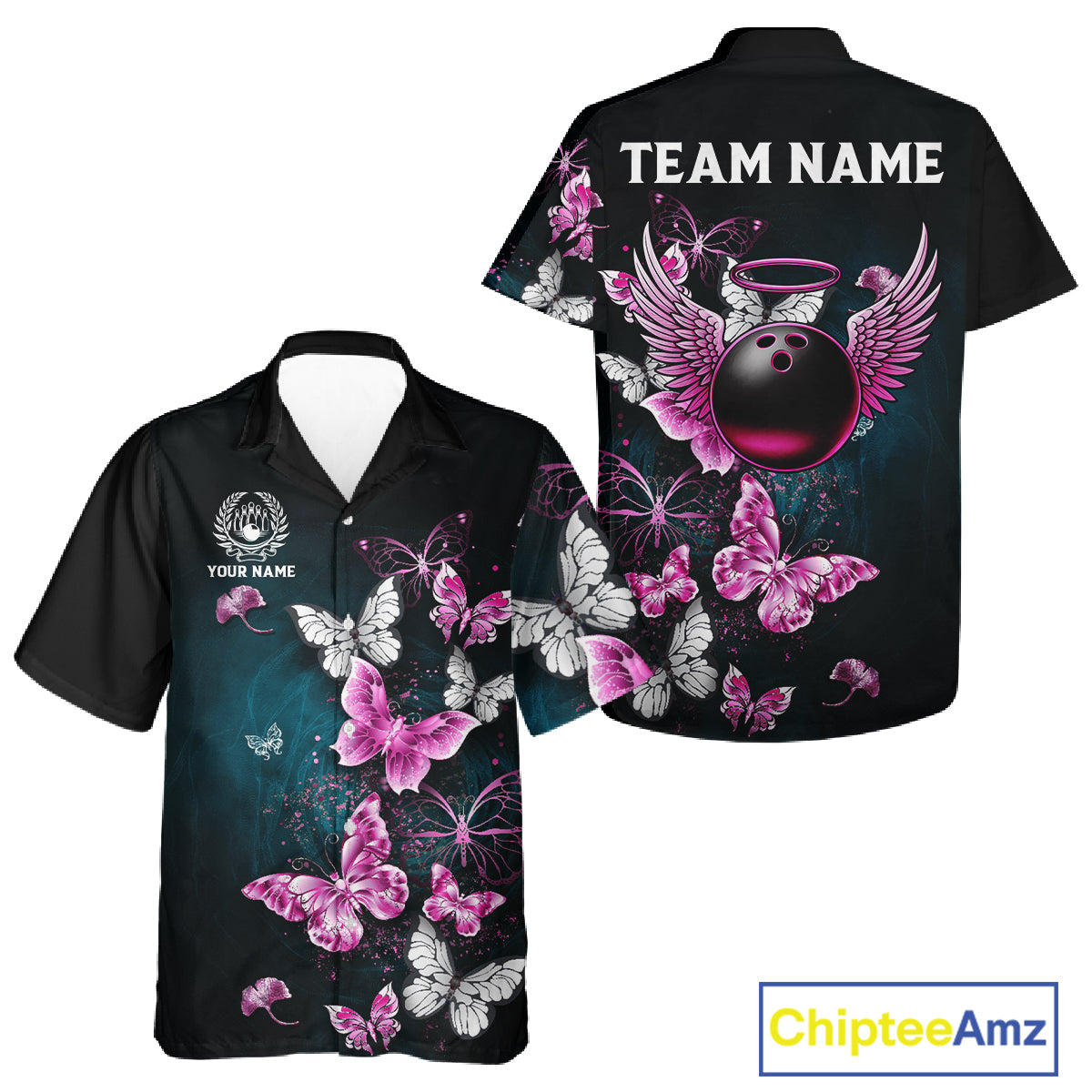 Custom Pink Butterfly Bowling Button-up Shirts, Hawaiian Bowling Team Shirt With Butterflies NQS11614