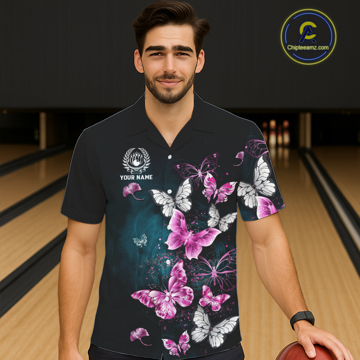 Custom Pink Butterfly Bowling Button-up Shirts, Hawaiian Bowling Team Shirt With Butterflies NQS11614