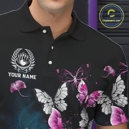 Custom Pink Butterfly Bowling Polo, 1/4 zip jerseys For Men, Bowling Team Shirt With Butterflies NQS11614