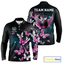 Load image into Gallery viewer, Custom Pink Butterfly Bowling Polo, 1/4 zip jerseys For Men, Bowling Team Shirt With Butterflies NQS11614