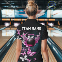 Load image into Gallery viewer, Custom Pink Butterfly Bowling Polo, 1/4 zip jerseys For Women, Bowling Team Shirt With Butterflies NQS11614