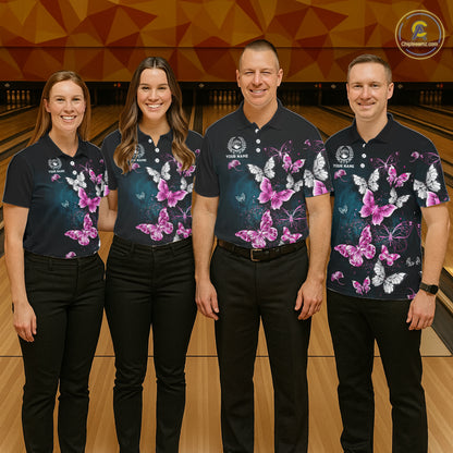 Custom Pink Butterfly Bowling Polo, 1/4 zip jerseys For Men, Bowling Team Shirt With Butterflies NQS11614