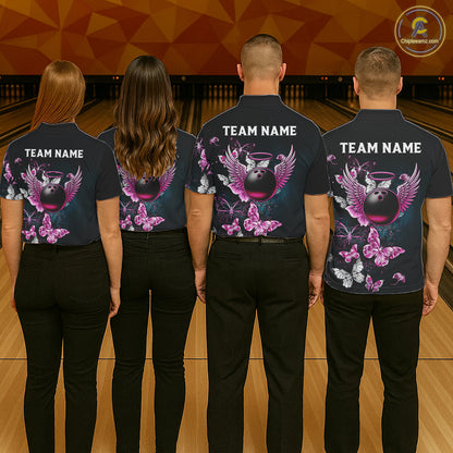 Custom Pink Butterfly Bowling Polo, 1/4 zip jerseys For Men, Bowling Team Shirt With Butterflies NQS11614
