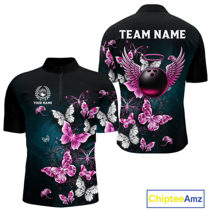 Custom Pink Butterfly Bowling Polo, 1/4 zip jerseys For Men, Bowling Team Shirt With Butterflies NQS11614