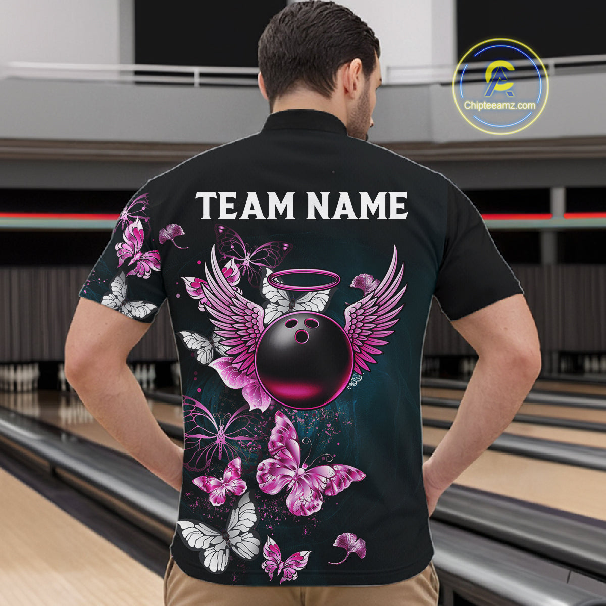 Custom Pink Butterfly Bowling Polo, 1/4 zip jerseys For Men, Bowling Team Shirt With Butterflies NQS11614