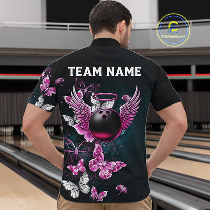 Custom Pink Butterfly Bowling Polo, 1/4 zip jerseys For Men, Bowling Team Shirt With Butterflies NQS11614